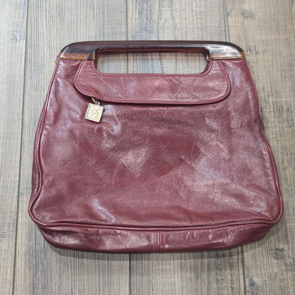 Anne Klein Vintage Burgundy Leather Handbag Tortoiseshell Handle Lion Logo Charm